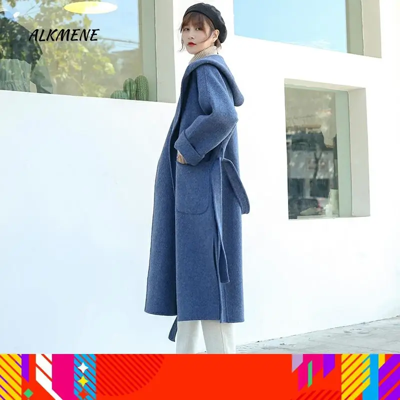 Женское кашемировое пальто длинное двухстороннее синее из 100% кашемира с