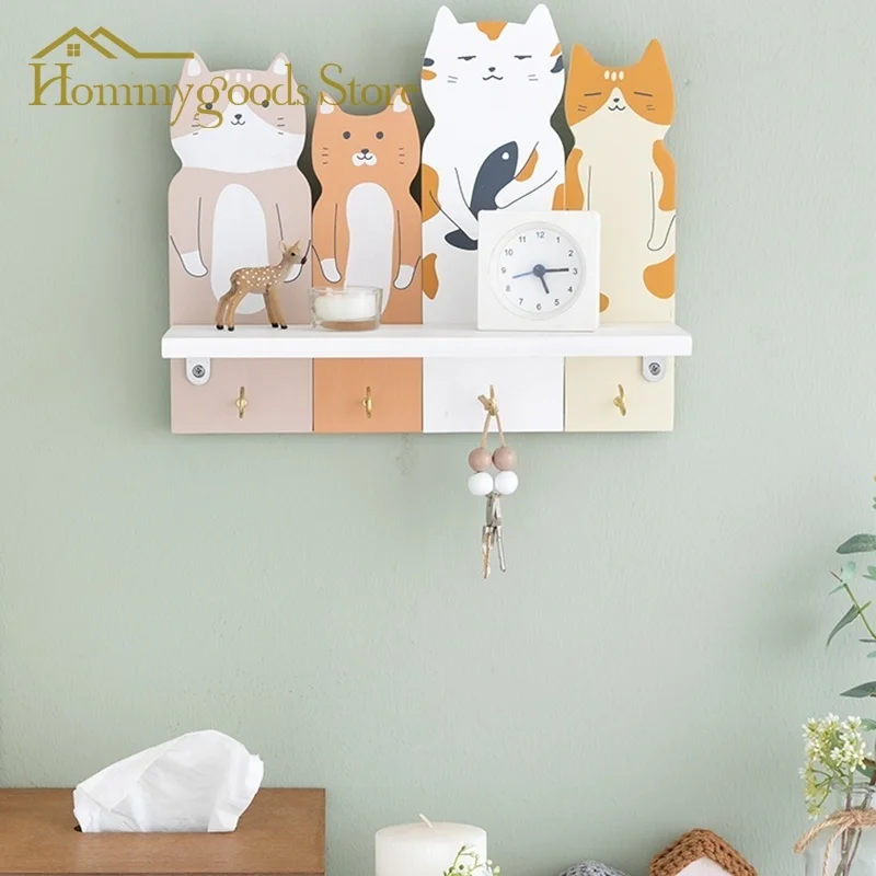 

Cartoon Cat Storage Rack Nordic Wall Shelf One-word Partition Hook Wall Decoration Wall Hanging Entrance Doorway Key Storage