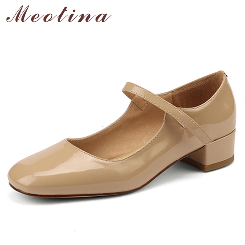 

Meotina Women Mary Janes Shoes Genuine Leather Thick Heels Pumps Hook Square Toe Med Heel Ladies Footwear Spring Wine Red 33-41