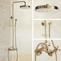 gold color brass wall mounted bathroom 8 inch round rainfall shower faucet set bath mixer tap hand shower mgf325