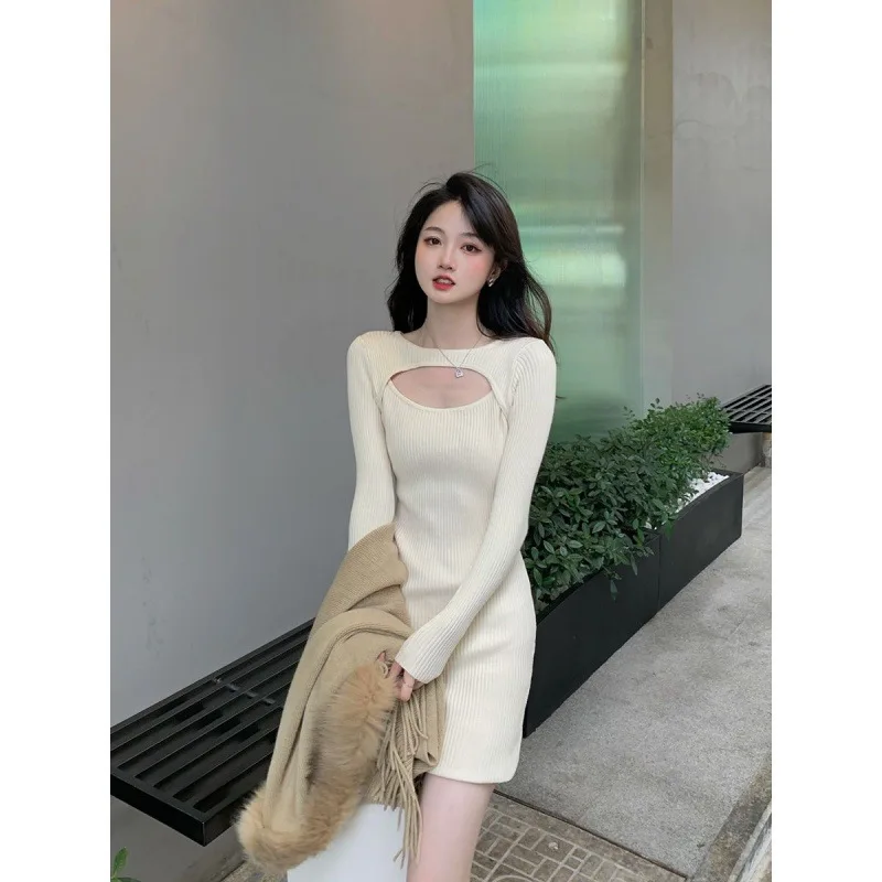 

Новинка 2021, модное осенне-зимнее трикотажное платье в стиле ретро во французском стиле, женское приталенное платье с прямым дизайном