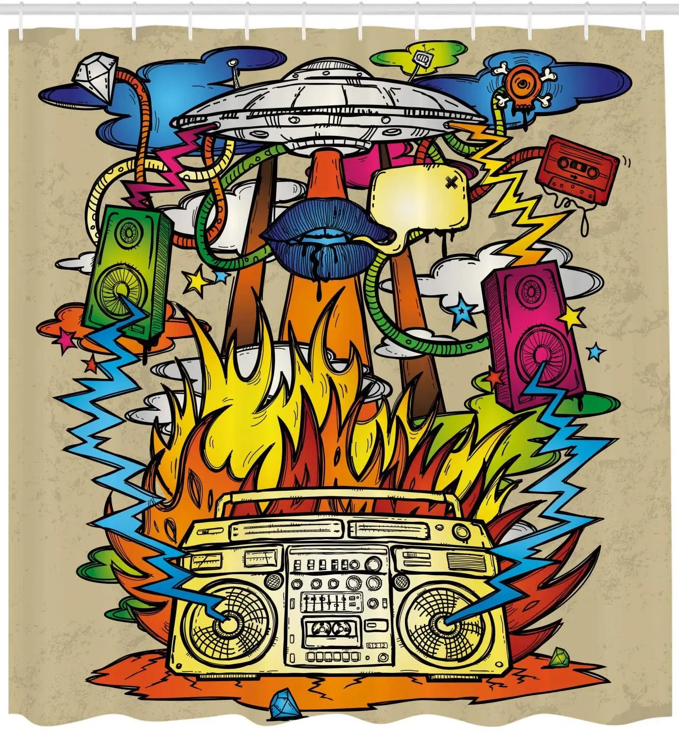 Modern Art Hippie Funk Trippy Objects with UFO Music Box Lips Tapes and Speakers Image Bathroom Décor | Дом и сад