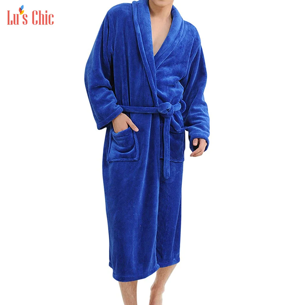 Royal Blue Lu's шикарный Мужской флисовый халат плюшевое кимоно халат зимний мягкий теплый длинный нижнее белье домашняя куртка - Цвет: Royal Blue