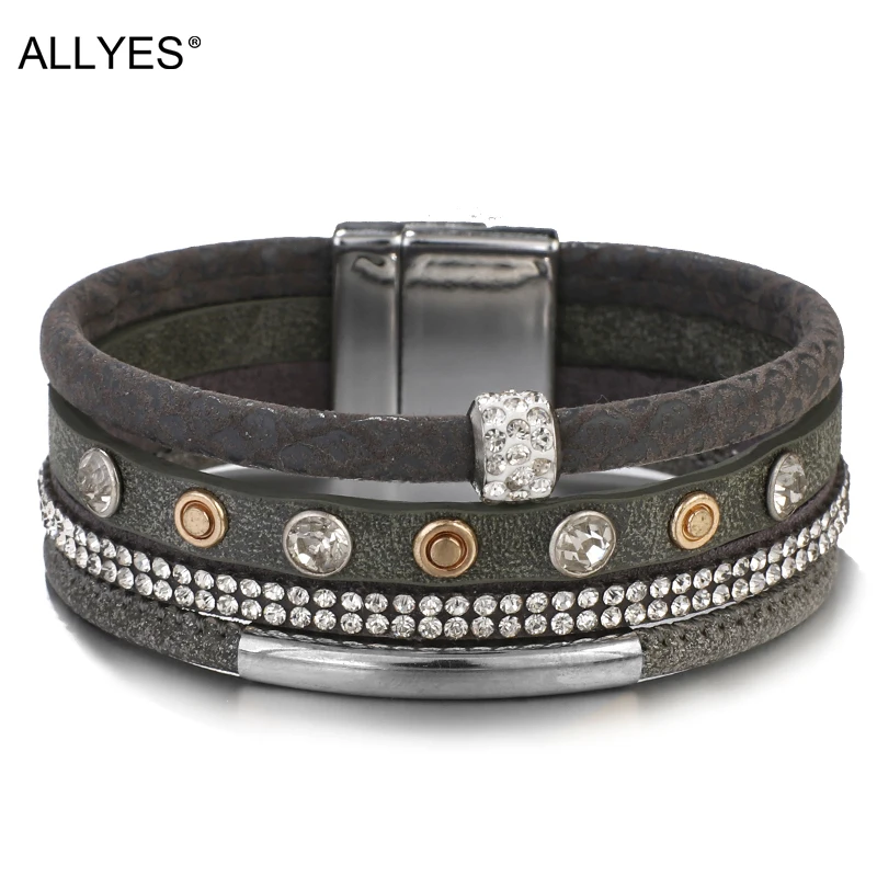 ALLYES Хрустальные кожаные браслеты для женщин модные металлические трубы и