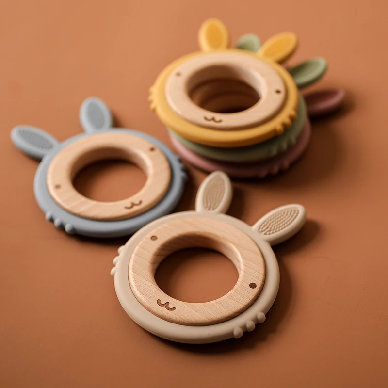 Bopoobo Baby Silicone Teether Christmas Cute Animal Safe Beech Wooden Teether Ring BPA Free Teeth Tiny Rod Baby Teethers Gifts