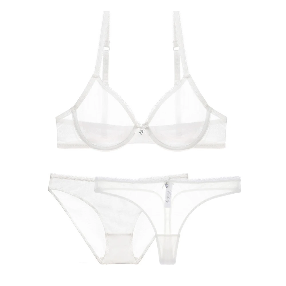 Sexy Ultra-Thin Cup Mesh Lace Underwear Transparent Unlined 1 Bra And 2 Panties Bra Set G-String For Ladies