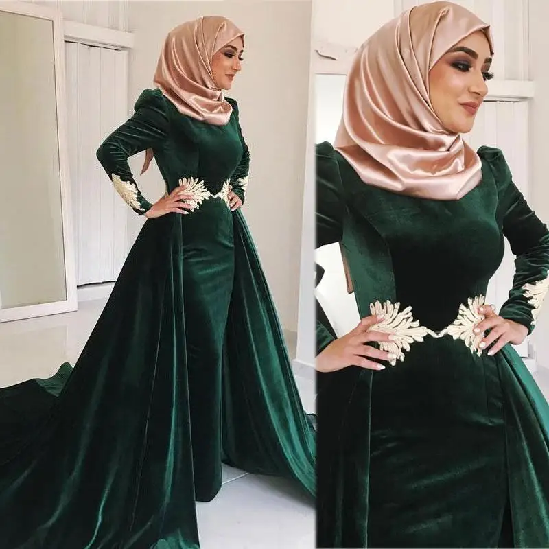 

Темно-зеленые бархатные мусульманские Вечерние платья с высоким воротом аппликация платья на выпускной в арабском стиле одежда с длинным р...
