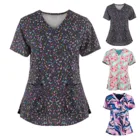 Женская блузка с цветочным принтом, коротким рукавом и V-образным вырезом