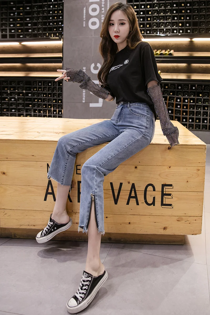 

Houthion New High-waist Women's Jeans Summer Korean Casual Zipper Opening Elastic Pants Straight Pocket Fashion Solid Color