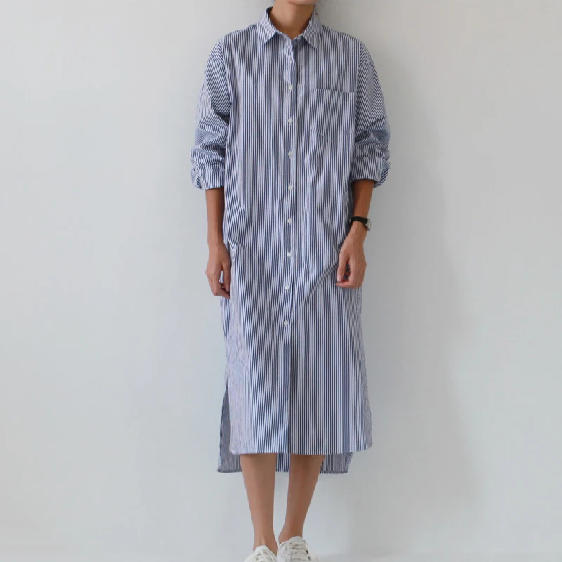 

Plus Size Summer Dress 2020 women casual loose robe Turn-down Collar Long sleeve Classic blue stripes shirt dress
