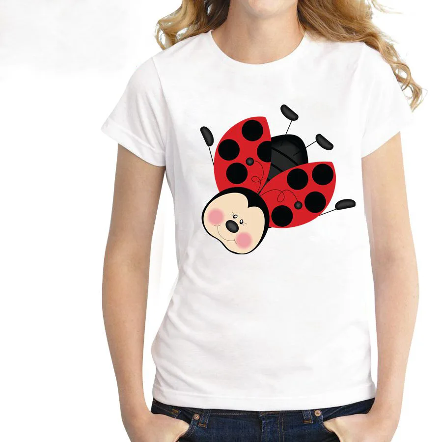 Женская футболка с принтом божьей коровки свободная коротким рукавом и круглым
