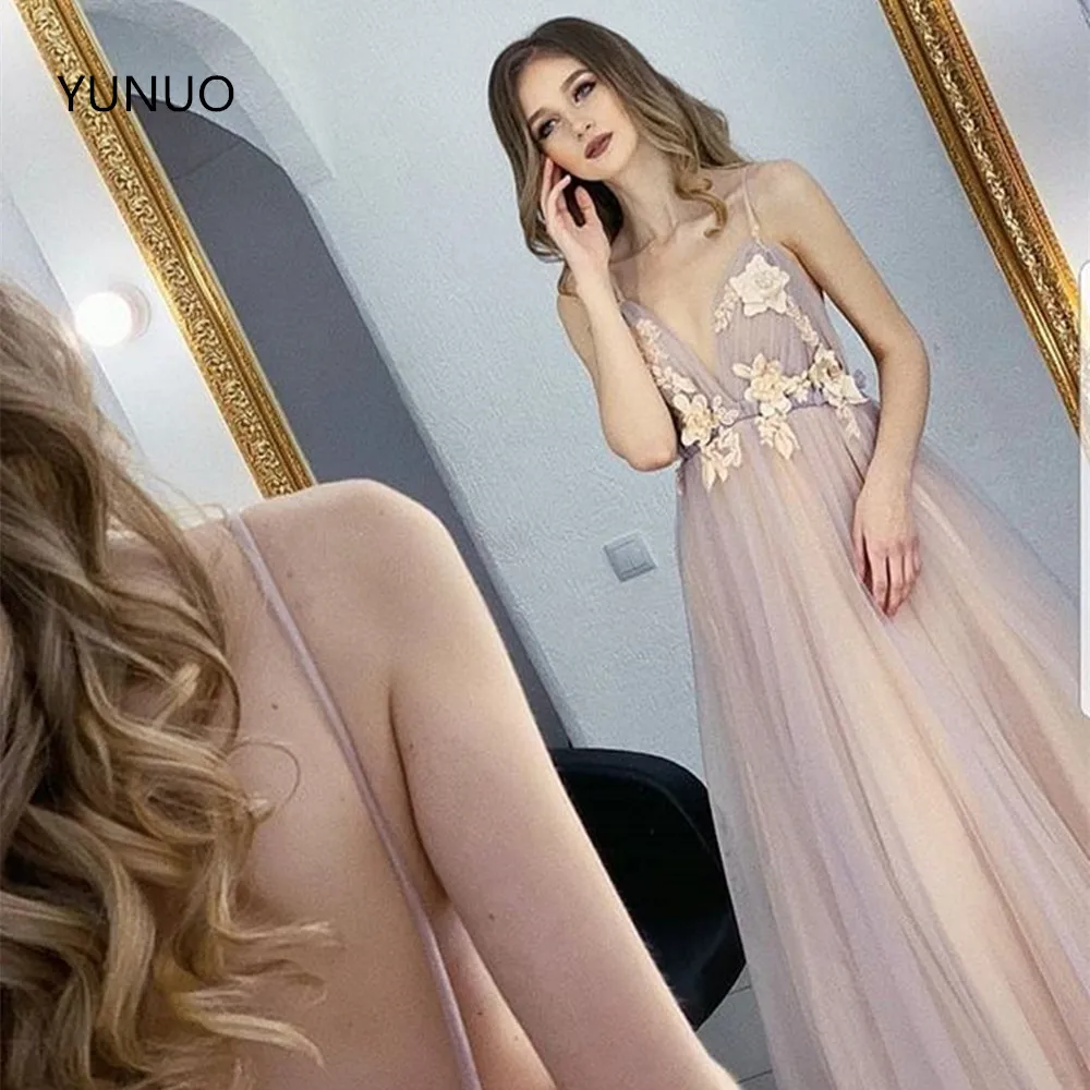 YUNUO 2021 A силуэт Выпускные платья vestido de noite Элегантные 3D цветы тонкие лямки Тюль