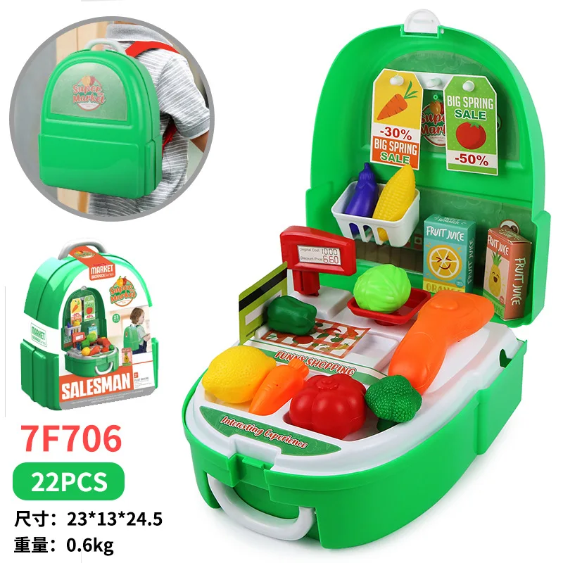 Portable Pretend Play Kids Toys Simulation Kitchen Makeup Doctor Tool Set Playing House Backpack Mini Plastic Storage Box Doll