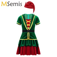 christmas green elf kids party costume velvet baby santa clause cosplay clothes girls new year dance stage performance dress hat