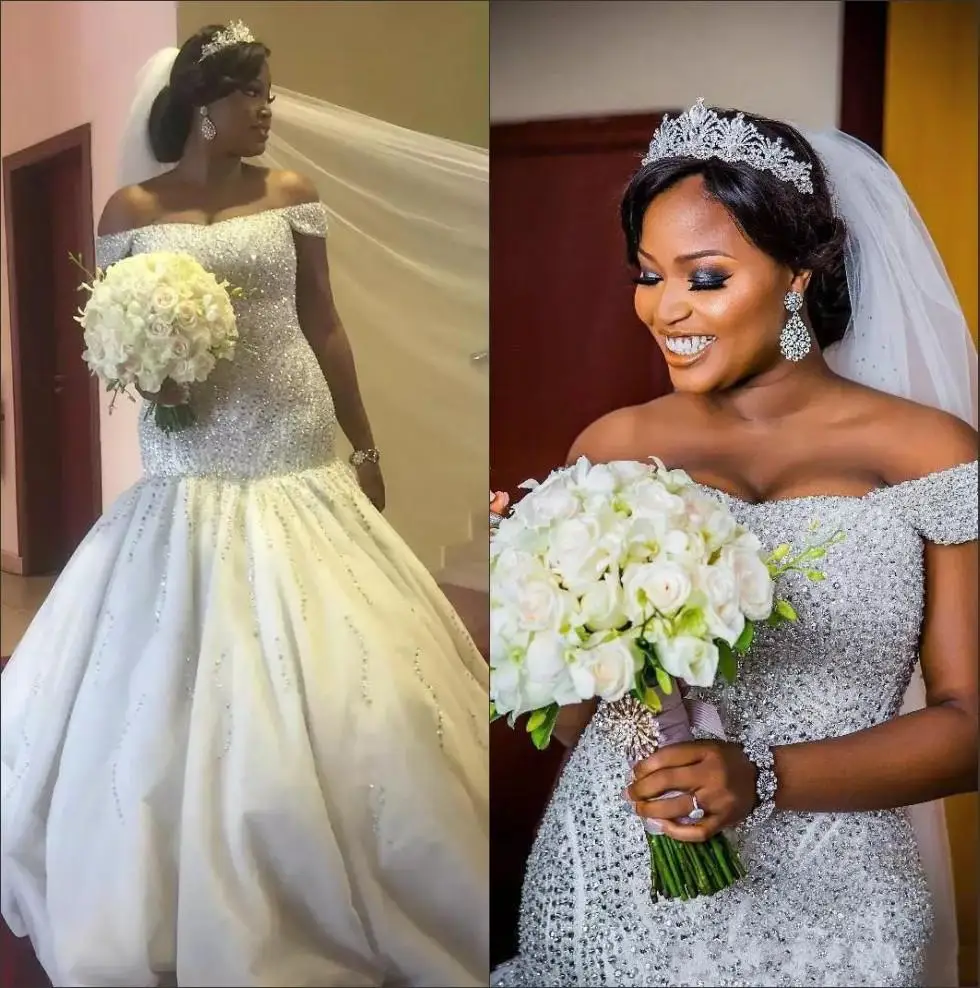 

Nigeria Beaded Mermaid Wedding Dresses Off The Shoulder Organza Beaded Stones Sweep Train Wedding Bridal Gowns