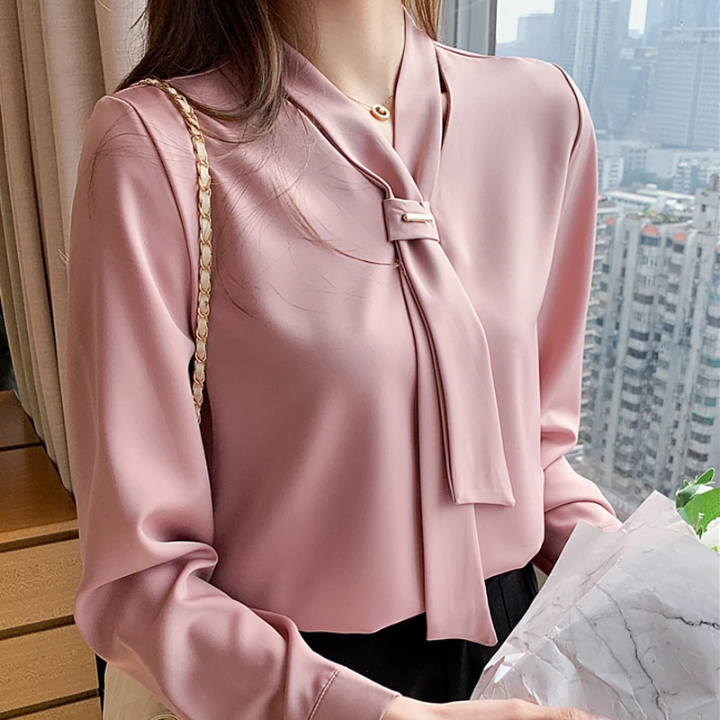 

Office Long Sleeve Solid Women Shirts with Tie 2021 New Fashion Chiffon Women Blouse and Tops V Neck Loose Female Clothing 13022