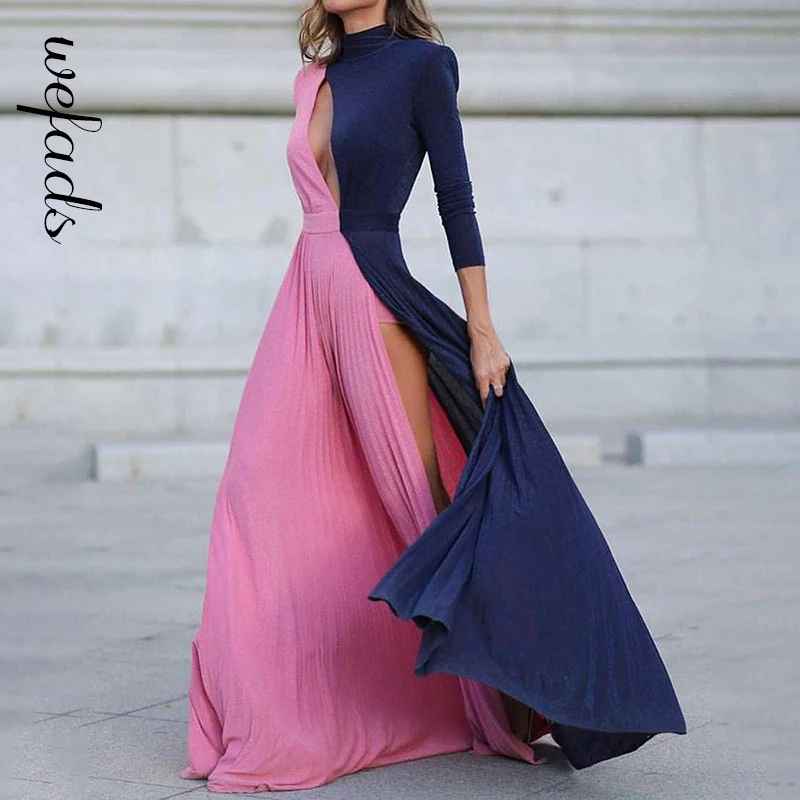 

Wefads Womne's Cutout Dress Contrast Long Sleeve Sexy Party Dress Stand-up Collar Maxi Dress