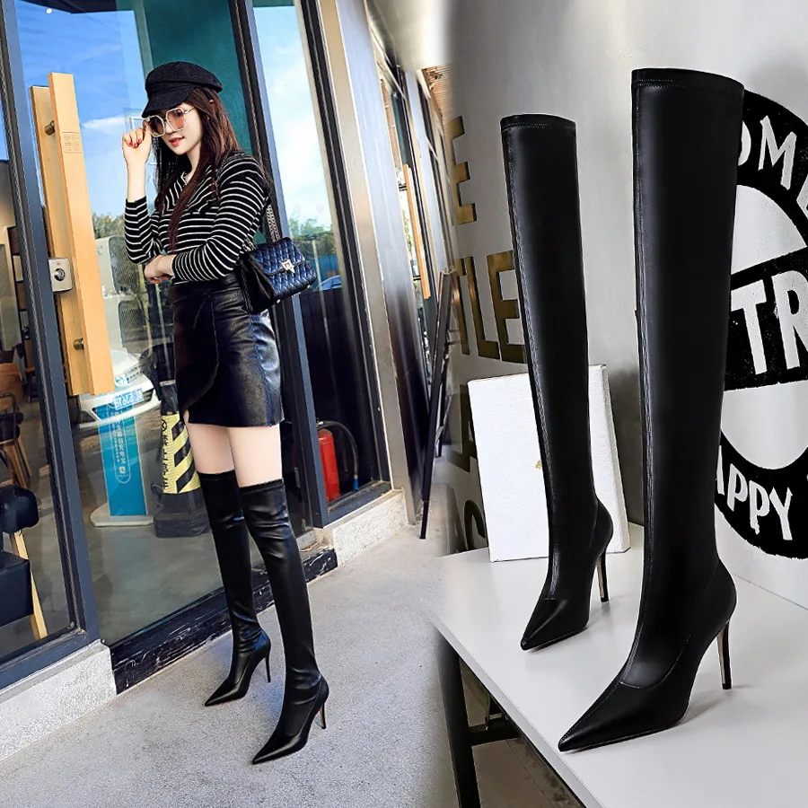 

Women Fashion Boots Over The Knee Boots Plus Thick Velvet PU Solid Color Stiletto Anti Slip and Waterproof Large Size Boots