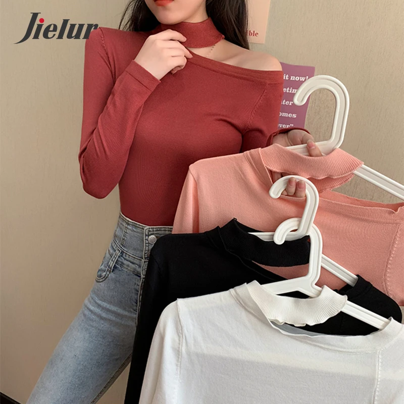 

Jielur Elegant Sexy Turtleneck Sweater Female Strapless One-shoulder Fashion Casual Bottoming Autumn Pink Black Knitted Sweaters