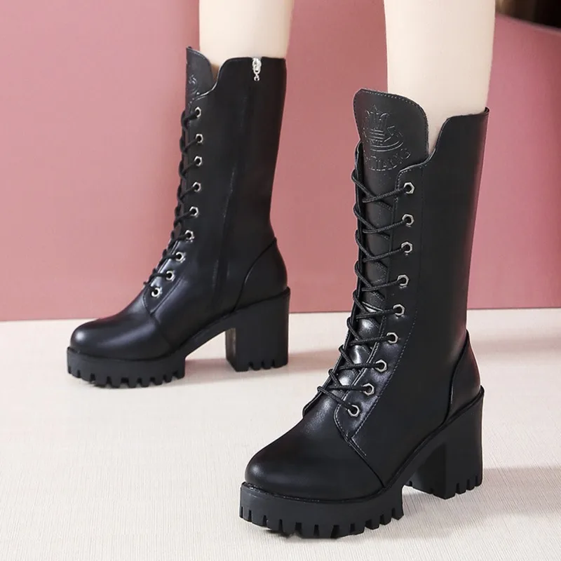 

Luxury Heel Boots Women Leather Boot Chunky Winter Shoes Platform Ankle Boots Slip On Thick Heels Warm Footwear Brand Designer