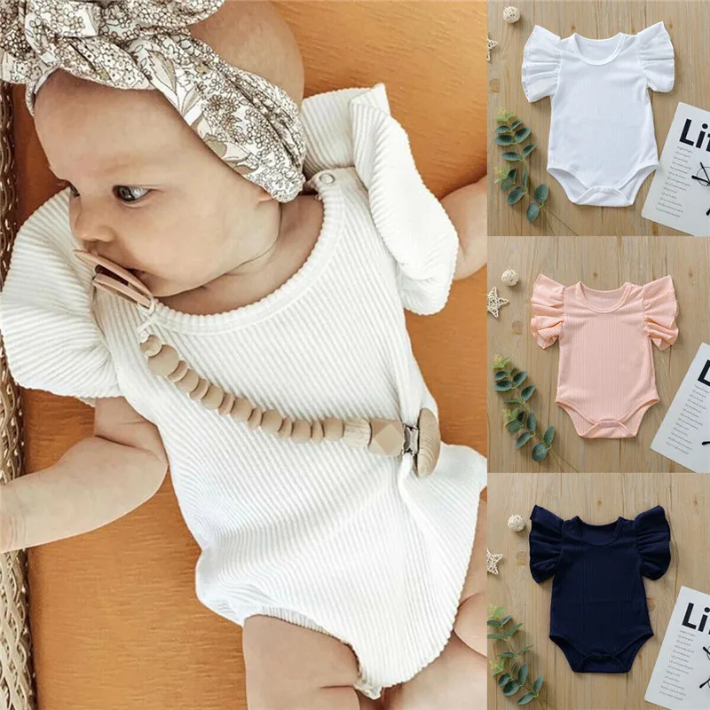 Baby Clothing Newborn Infant Girl Cotton Jumpsuit Bodysuit Solid Color Ruffle Short Sleeve Ribbed Outfits Sunsuit Sweet Set | Детская