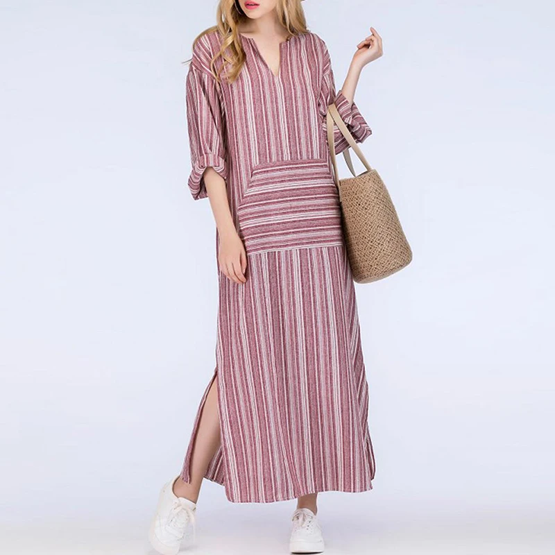 Женское элегантное мусульманское платье в полоску Caftan Arabe осеннее макси