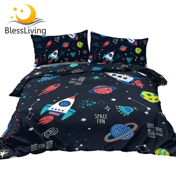BlessLiving Spaceship Bedding Set Rocket Bedspread Dipper Duvet Cover Cartoon Starry Bed Set Modern Home Decorations for Kids 1