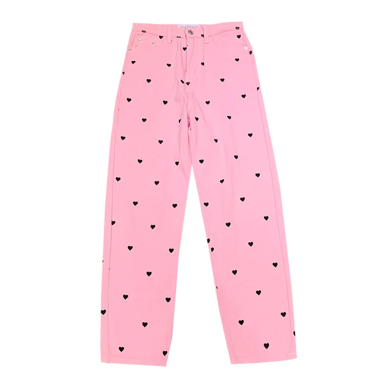 

Women High Waist Trousers Pants Cute Kawaii Baby Pink Heart Pants Y2k Girl Lolita Straight Streetwear Trousers