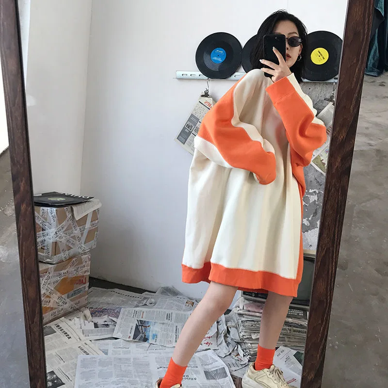 

Large Big Plus Size Loose Women Clothes Autumn Long Sleeve Hoody Ladies Maternity Plus Fleece Skirt Stitching Contrast Color