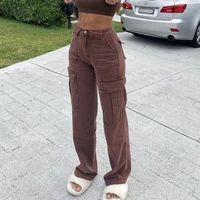 new2021 jeans women 2021 new womens pants european and american style retro brown pocket high waist straight pants womens