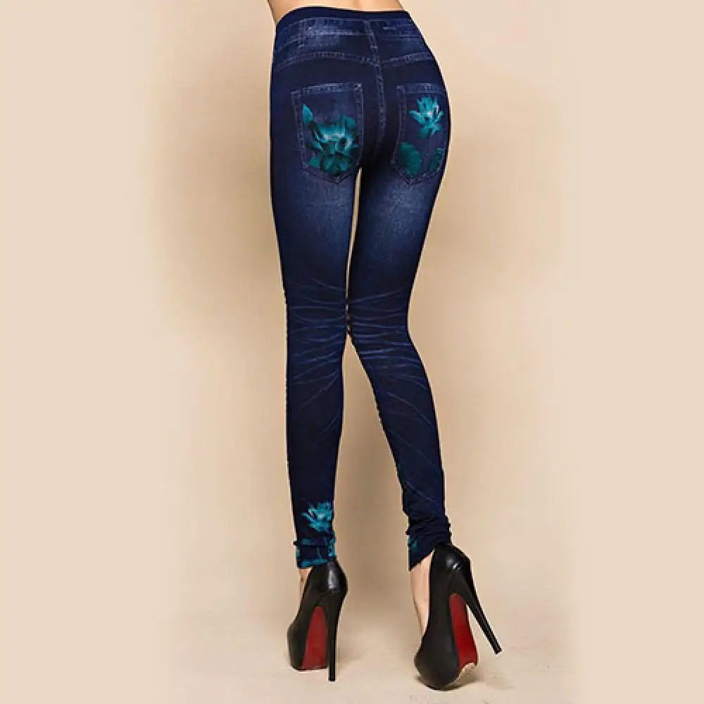 

Ele-choices Autumn Winter Women's Sexy Hollow Cut Elastic Pants Flower Print Skinny Jeans Denim Leggings for Daily