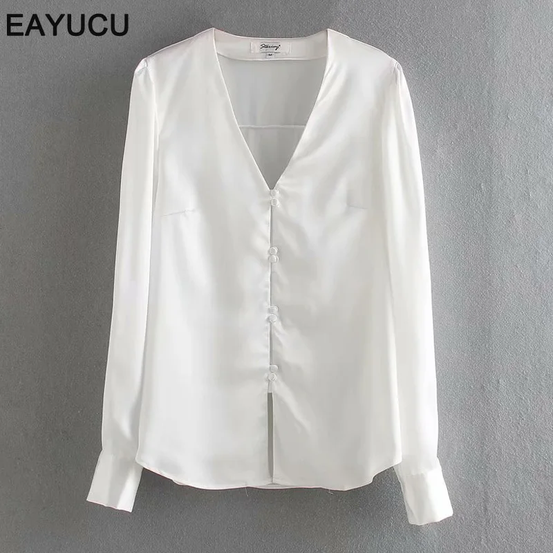 Элегантная черно-белая атласная шелковая Офисная Женская блузка eayuv новинка