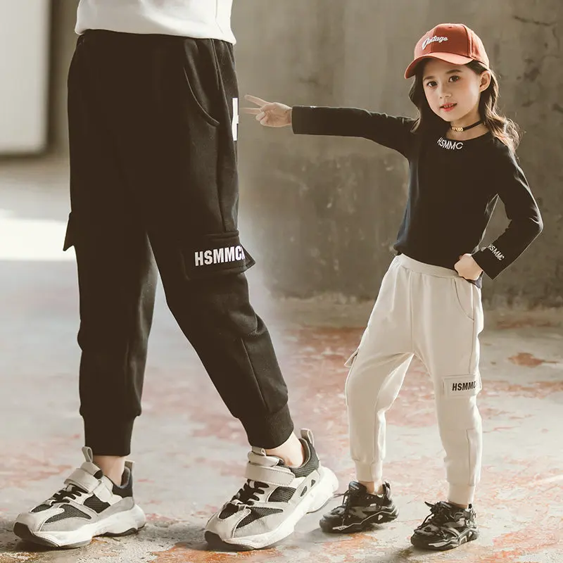 

Pants for Kids Letters Printing Black Cargo Pants with Pockets for Girls Fashion Snowboard Casual Pants Cotton Sports Trousers