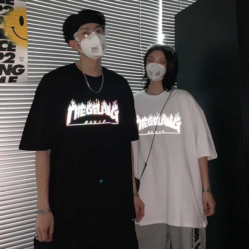 

ICCLEK 2021 Summer New Short-Sleeved Reflective T-shirt Ins Trend Anti-wrinkle Ball Oversized T Shirt Graphic T Shirts