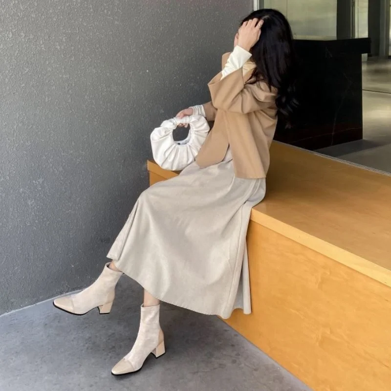 

RIZABINA Women High Heel Boots Real Leather Patchwork Women Winter Ankle Boot Fashion Shoes Winter Women Footwear Size 33-42