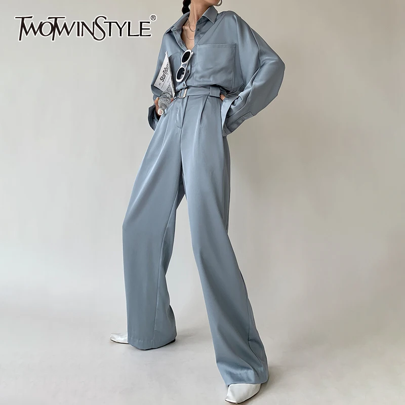 TWOTWINSTYLE Solid Color Jumpsuits For Female Lapel Collar Long Sleeve High Waist Slimming Solid Color Women's Casual Jumpsuits