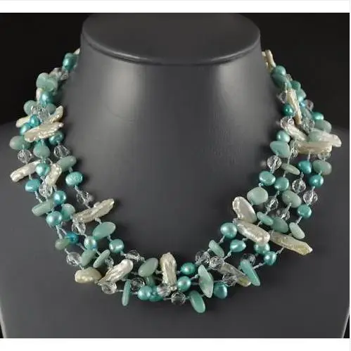 ????? 新ユニークな宝石ジュエリー琵琶湖パールブルー淡水真珠アマゾナイトネックレス手作りの女性のギフト