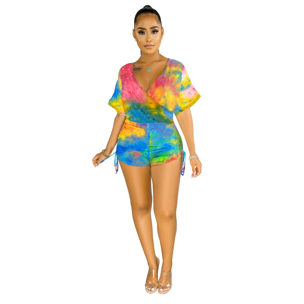 

Tie Dye Printed Playsuit 2020 Summer Women Short Sleeve Romper Short Pants Jumpsuit V Neck Shorts Pleated Overall Clubwear Party
