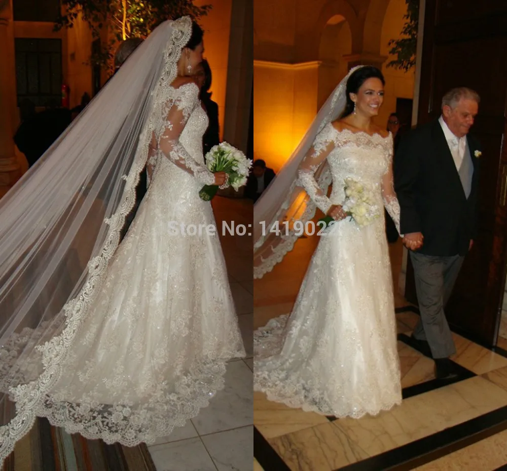 

2015 Wedding&Events Romantic Vestido De Noiva Off Shoulder A Line Lace Wedding Dresses Long Sleeves Bridal Gown