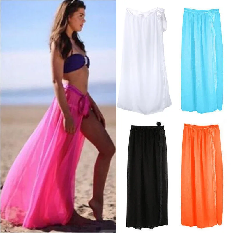 

Summer Women Bikini Cover Up High Waist See Through Bandage Split Solid Female Bathing Beach Long Skirts