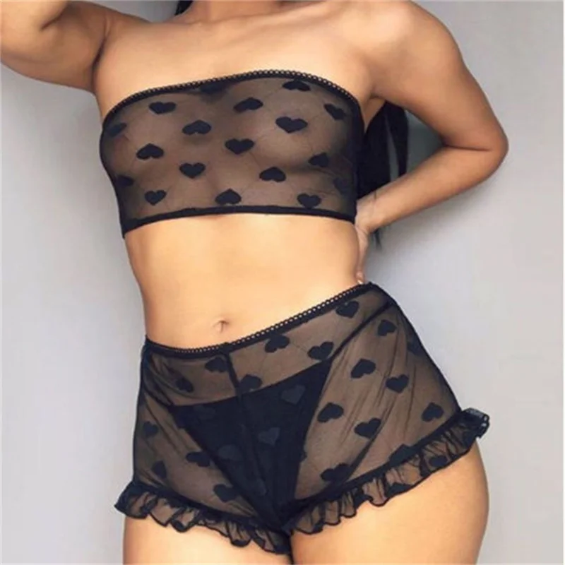 

Women Sexy 2PCS Lingerie Set, Lace Heart Pattern Crop Slim See Through Mesh Top, High Waist Ruffle Short Pants Sleepwear Set
