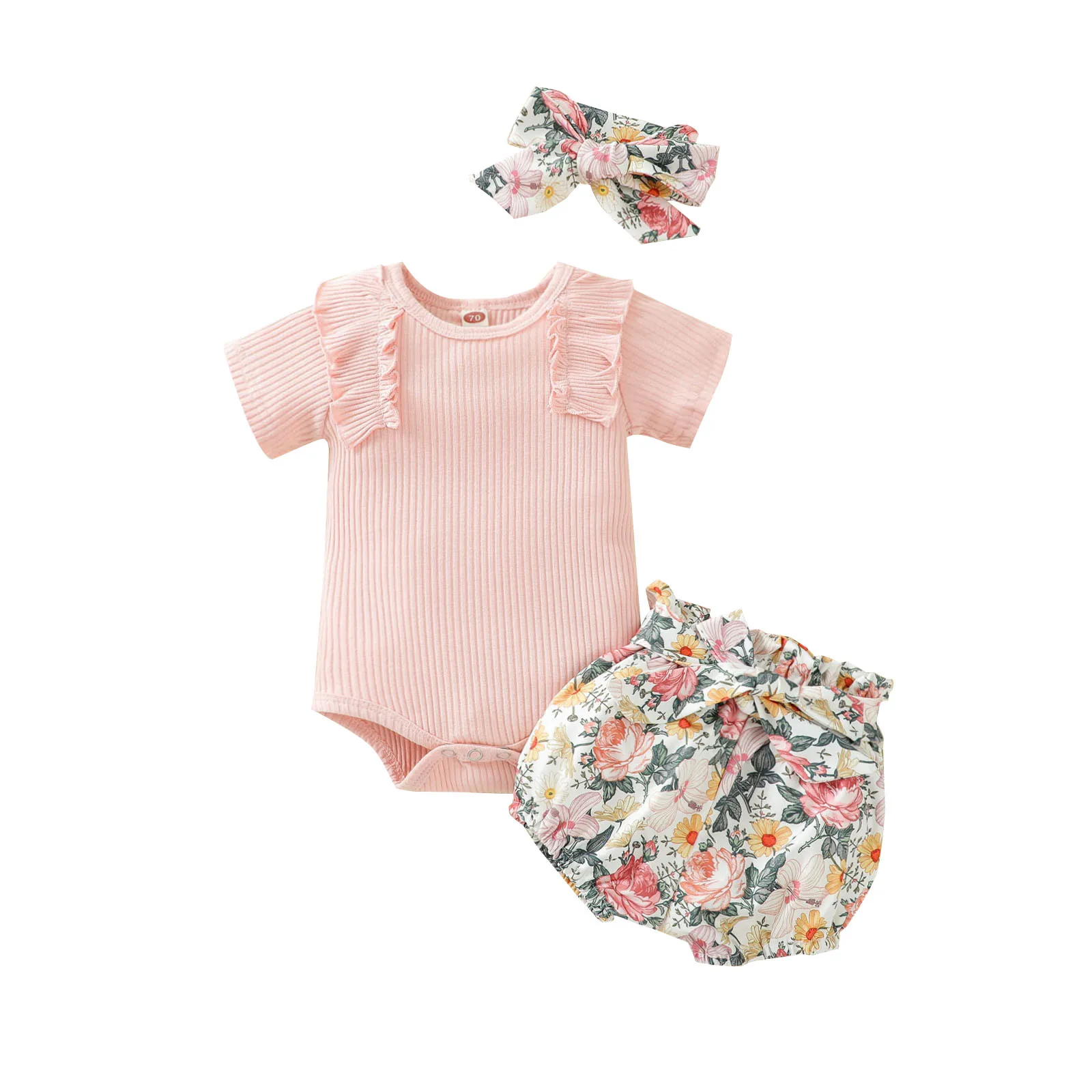 

Комплекты одежды для малышей из 3 предметов, летняя одежда сплошной Цвет в рубчик с короткими рукавами комбинезон Цветочный принт шорты и по...