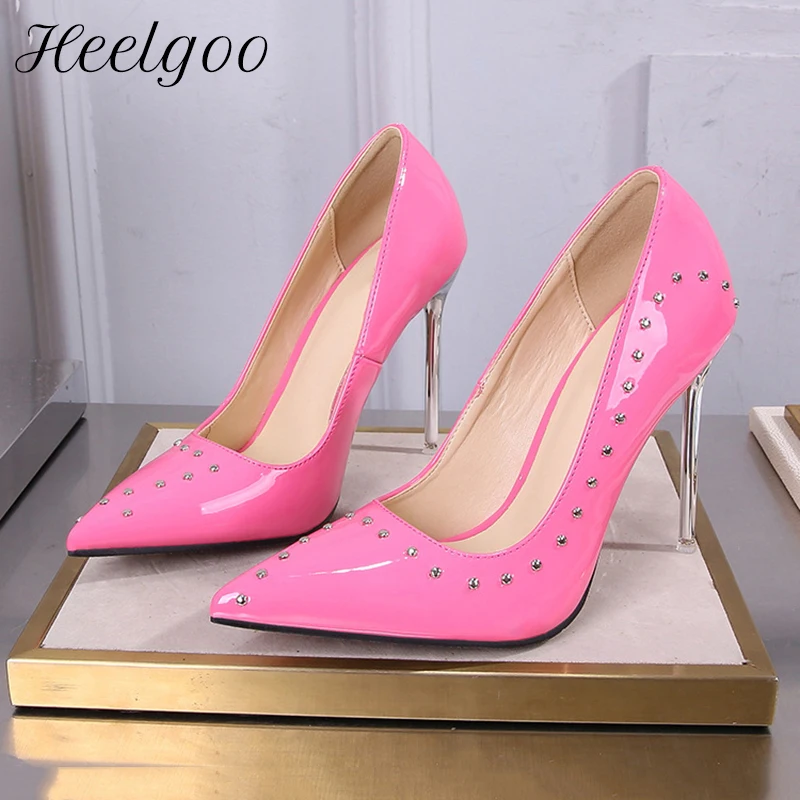 

Heelgoo Shiny Rivets Women Glossy Pointy Toe 11cm High Heel Party Shoes Sexy Stiletto Pumps Large Size 35-46 Pink Black Red