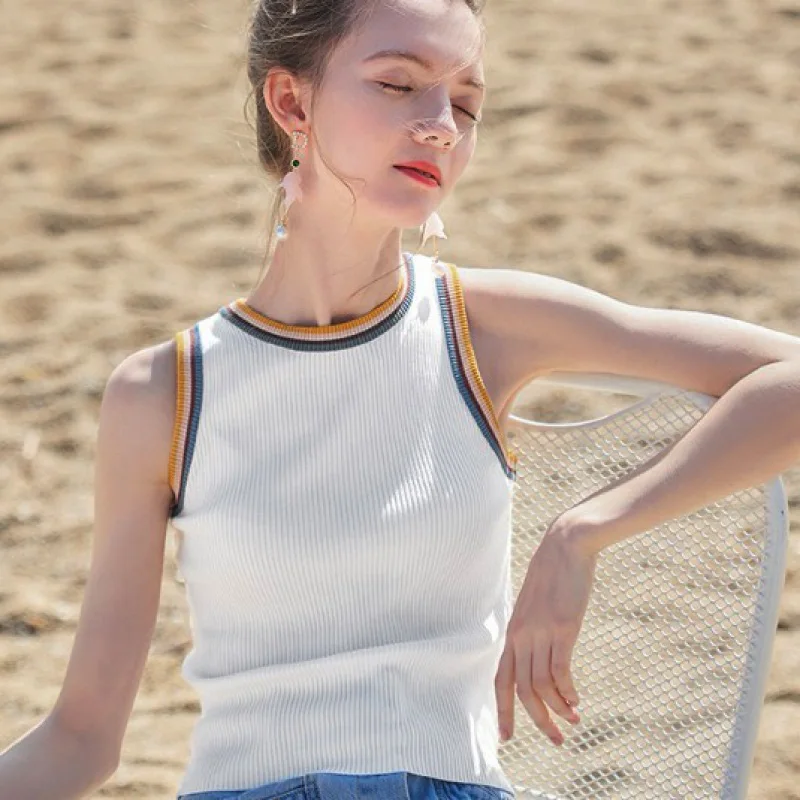 women Striped Color collision knitted vest female lady Girls suspenders waistcoats thin summer ice silk sleeveless Tank Tops
