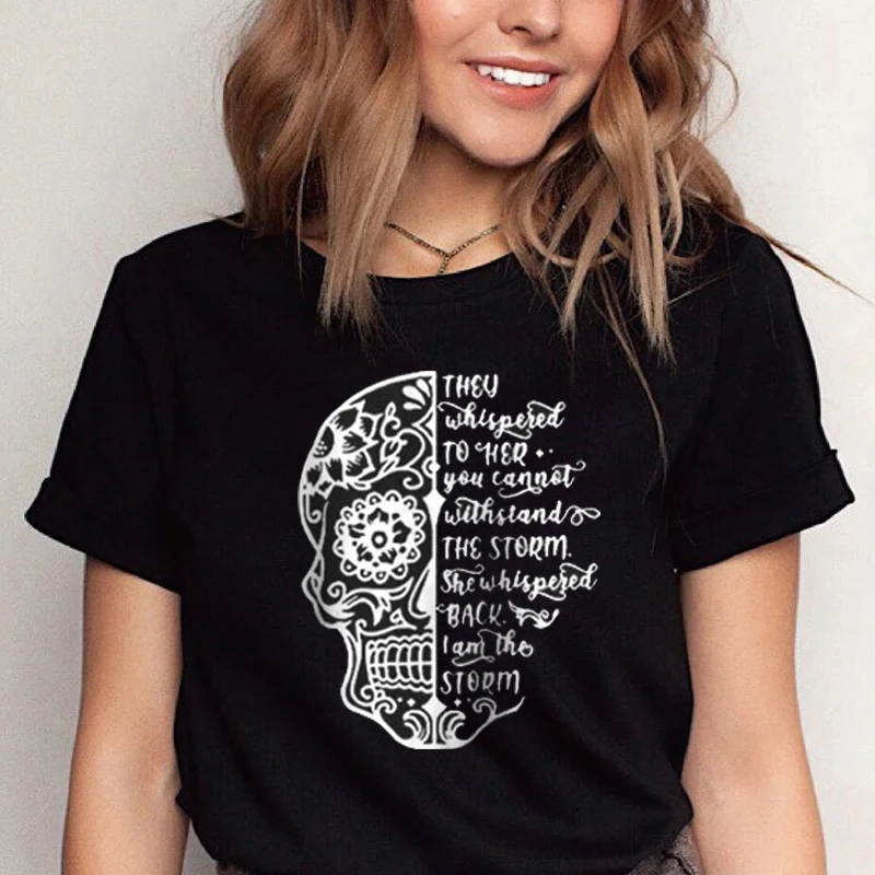 

Women Mandala Sugar Skull Tshirt They Whispered To Her Skull T-shirts Aesthetic Brainstorm Graphic Tee Unisex Cotton Tops