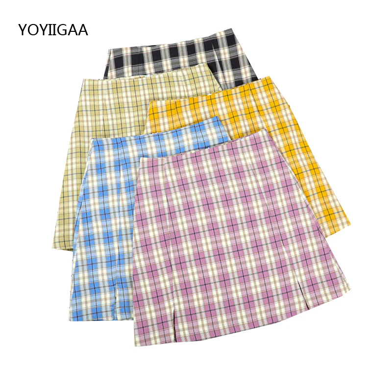 

Women Split Plaid Mini Skirt Summer Fashion Ladies Bodycon Skirt High Waist A-line Female Short Skirts Vintage Chic Women Skirts