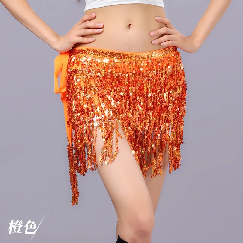 Orange Женский сексуальный костюм для танца живота 4 ряда блестки карнавальный костюм кисточка танец живота Пояс-цепочка на талию бедра шарф аксессуары для танцев - Цвет: Orange