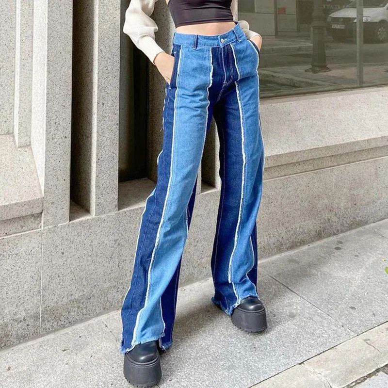 

Women's Overalls Mom Retro Y2K Trousers Streetwear Blue 90S Boyfriend Jeans Casual Retro Patchwork Jeans Fringed Straight Jeans