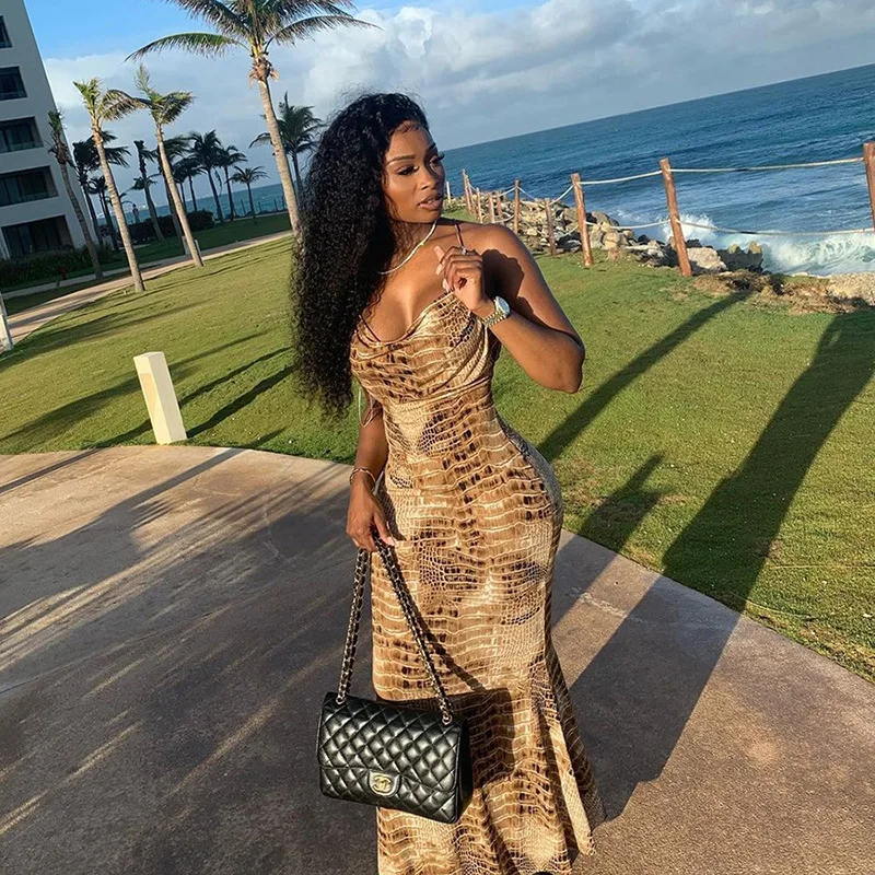 

Animal Printed Dress Draped Spaghetti Strap Sexy Summer Long Dress Women's Clothes 2021 Bodycon Prom Y2K Maxi Party Dresses Robe