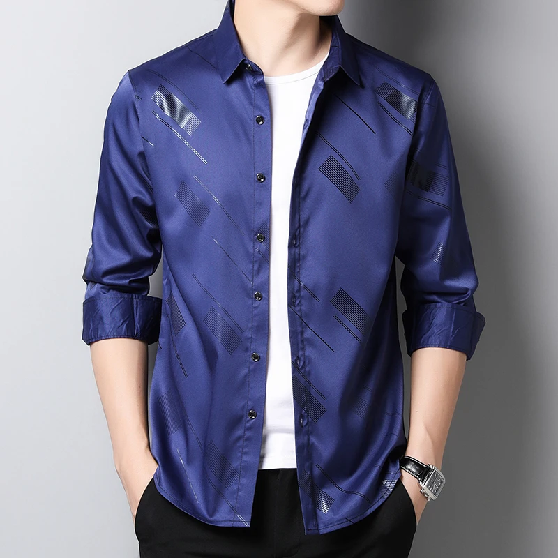 

Men Shirt Long Sleeve 2021 New Casual Slim Fit Print Shirts Turn-down Collar Single Breasted Business Shirt Men Clothing